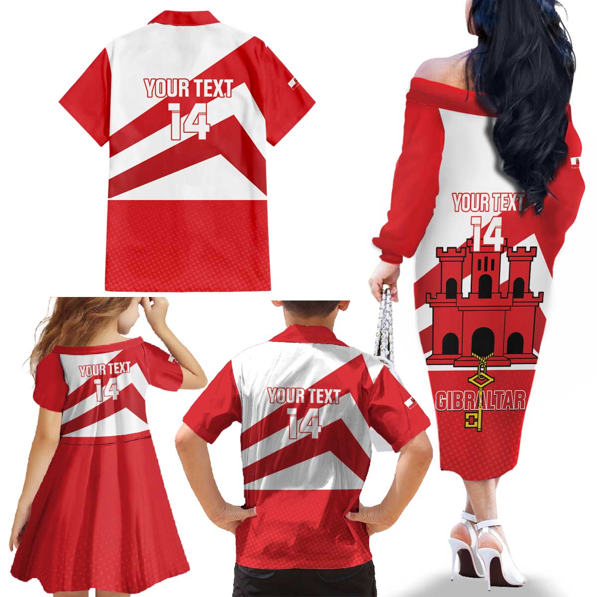 Custom Gibraltar Football Family Matching Off The Shoulder Long Sleeve Dress and Hawaiian Shirt Castle And Key Sporty Style