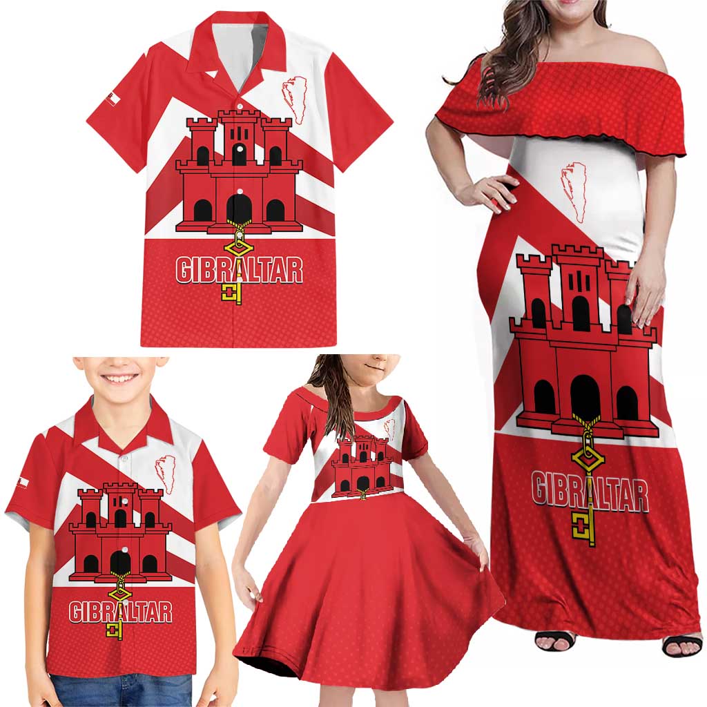 Custom Gibraltar Football Family Matching Off Shoulder Maxi Dress and Hawaiian Shirt Castle And Key Sporty Style