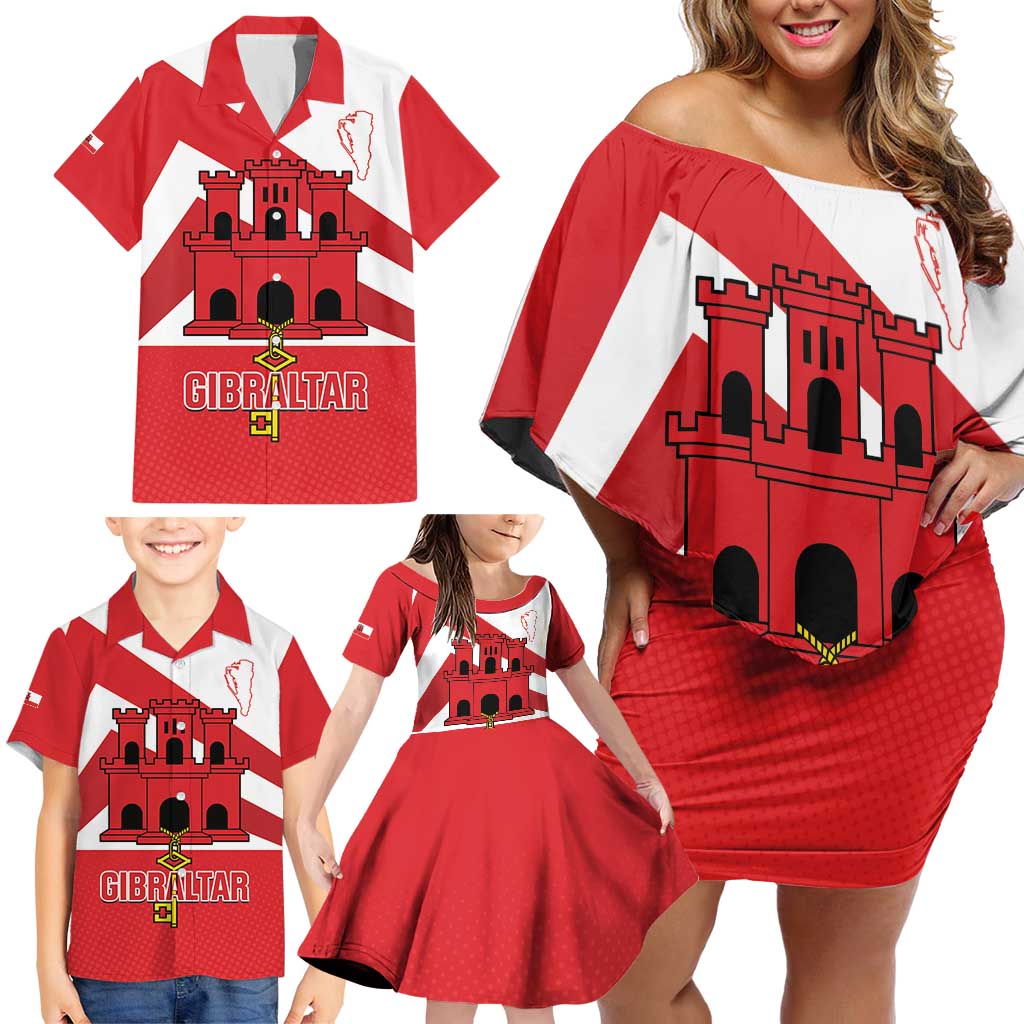 Custom Gibraltar Football Family Matching Off Shoulder Short Dress and Hawaiian Shirt Castle And Key Sporty Style