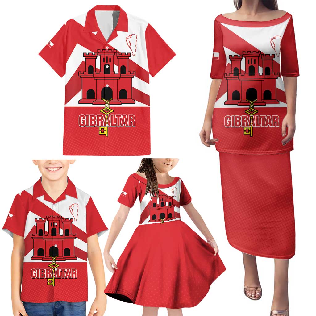 Custom Gibraltar Football Family Matching Puletasi and Hawaiian Shirt Castle And Key Sporty Style