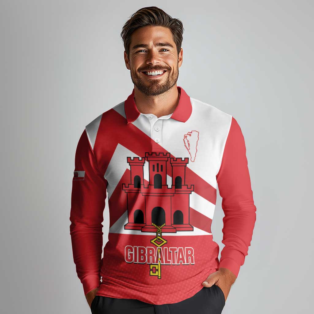 Custom Gibraltar Football Long Sleeve Polo Shirt Castle And Key Sporty Style