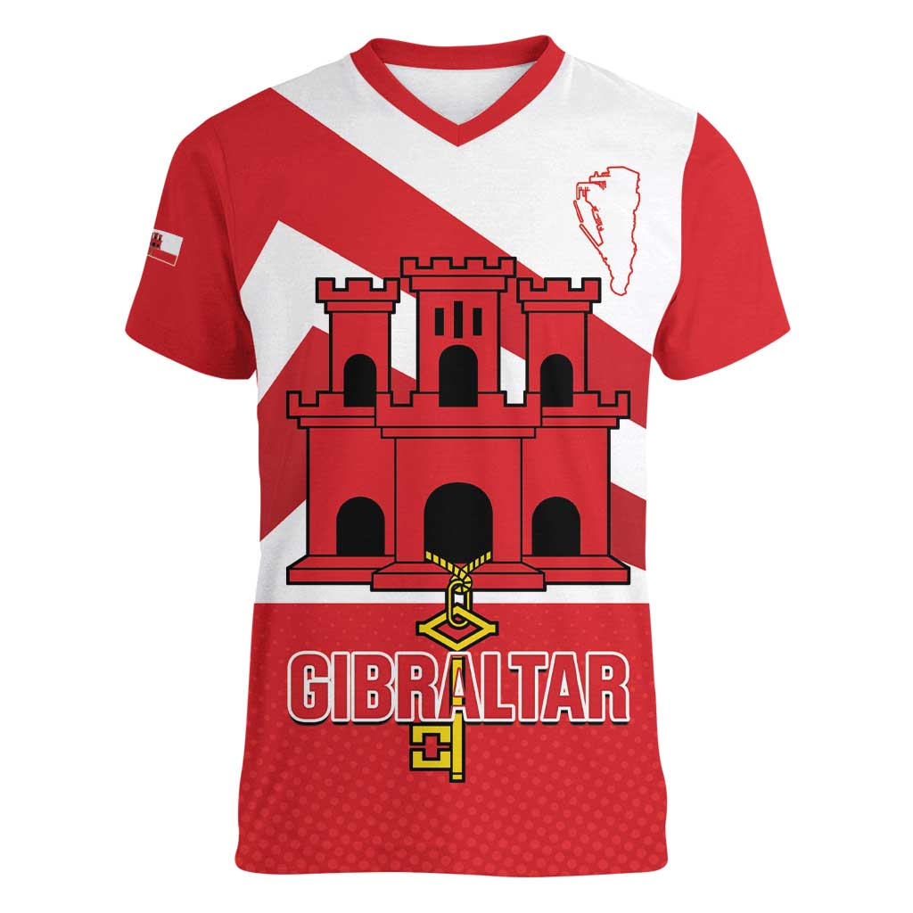 Custom Gibraltar Football Women V-Neck T-Shirt Castle And Key Sporty Style