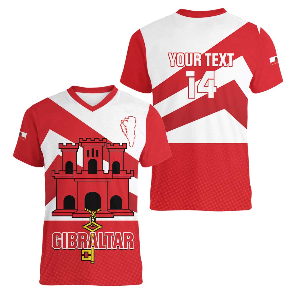 Custom Gibraltar Football Women V-Neck T-Shirt Castle And Key Sporty Style
