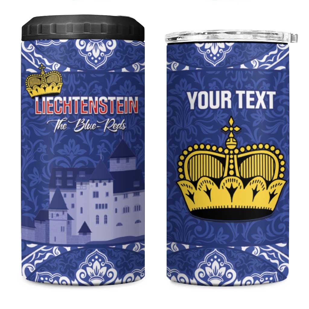 Custom Liechtenstein Football 4 in 1 Can Cooler Tumbler Go Blue-Reds Gutenberg Castle
