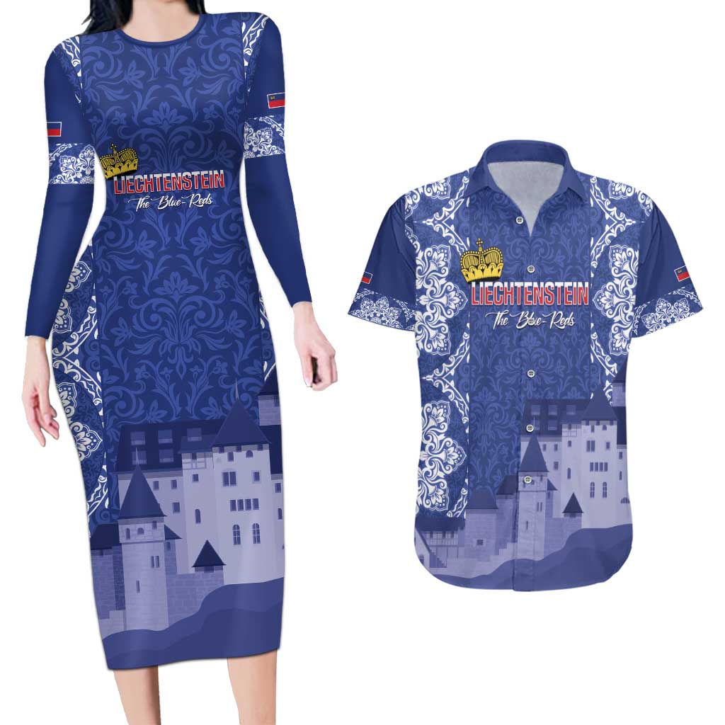 Custom Liechtenstein Football Couples Matching Long Sleeve Bodycon Dress and Hawaiian Shirt Go Blue-Reds Gutenberg Castle