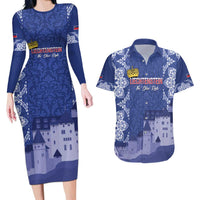 Custom Liechtenstein Football Couples Matching Long Sleeve Bodycon Dress and Hawaiian Shirt Go Blue-Reds Gutenberg Castle