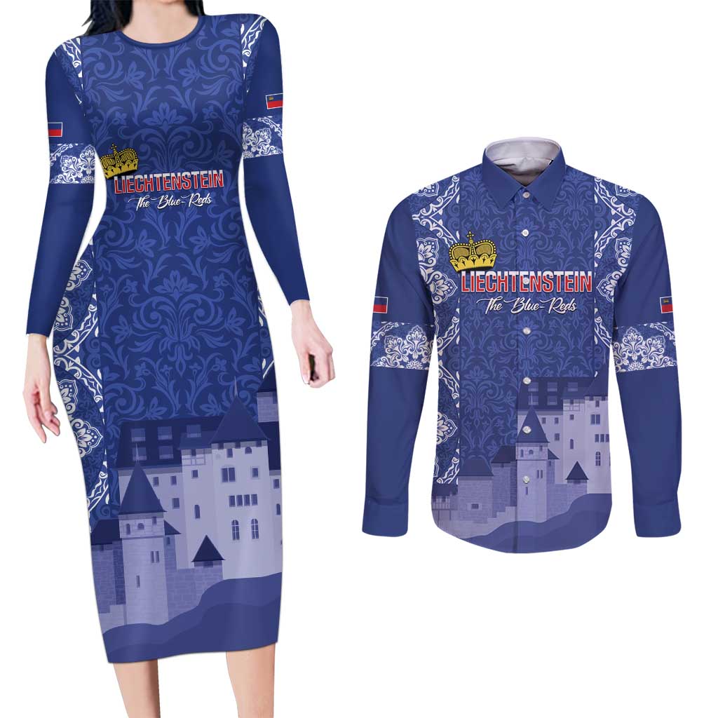 Custom Liechtenstein Football Couples Matching Long Sleeve Bodycon Dress and Long Sleeve Button Shirt Go Blue-Reds Gutenberg Castle