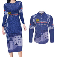 Custom Liechtenstein Football Couples Matching Long Sleeve Bodycon Dress and Long Sleeve Button Shirt Go Blue-Reds Gutenberg Castle