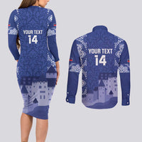 Custom Liechtenstein Football Couples Matching Long Sleeve Bodycon Dress and Long Sleeve Button Shirt Go Blue-Reds Gutenberg Castle