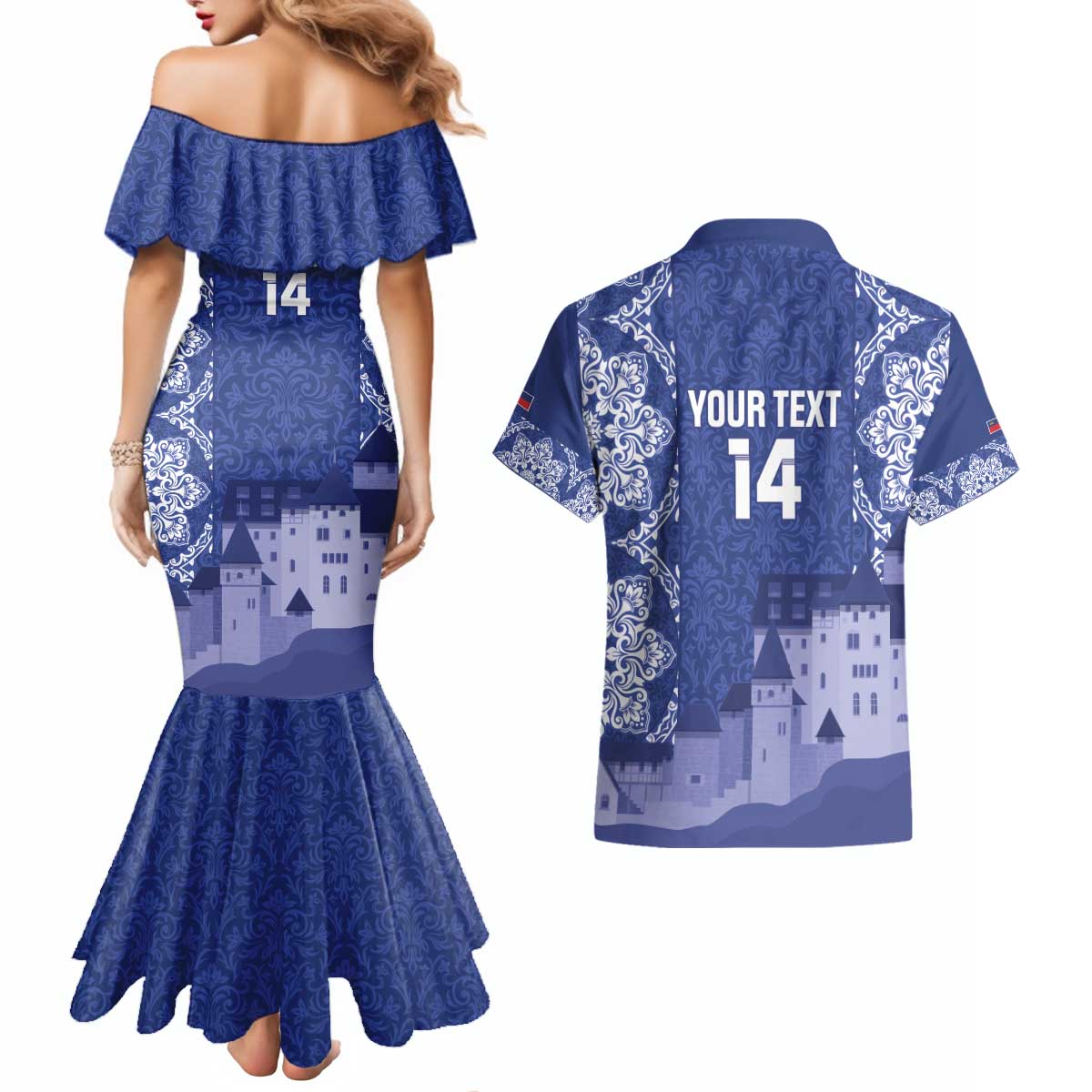 Custom Liechtenstein Football Couples Matching Mermaid Dress and Hawaiian Shirt Go Blue-Reds Gutenberg Castle
