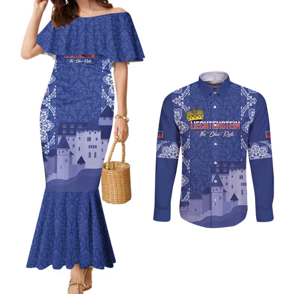 Custom Liechtenstein Football Couples Matching Mermaid Dress and Long Sleeve Button Shirt Go Blue-Reds Gutenberg Castle