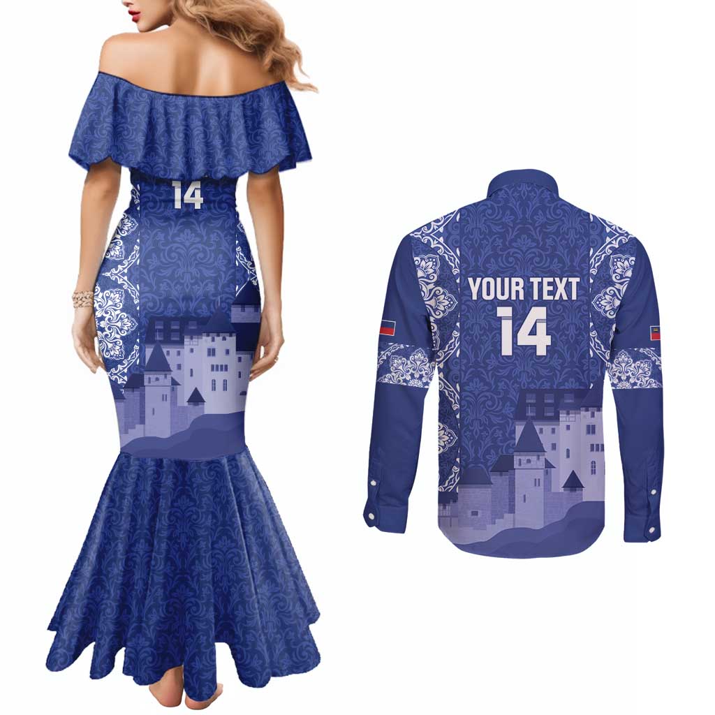 Custom Liechtenstein Football Couples Matching Mermaid Dress and Long Sleeve Button Shirt Go Blue-Reds Gutenberg Castle