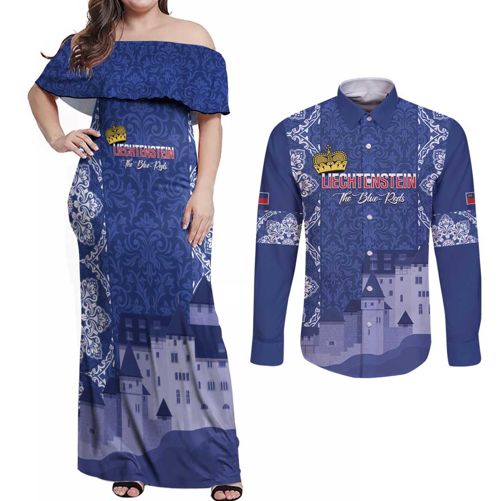 Custom Liechtenstein Football Couples Matching Off Shoulder Maxi Dress and Long Sleeve Button Shirt Go Blue-Reds Gutenberg Castle