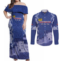 Custom Liechtenstein Football Couples Matching Off Shoulder Maxi Dress and Long Sleeve Button Shirt Go Blue-Reds Gutenberg Castle
