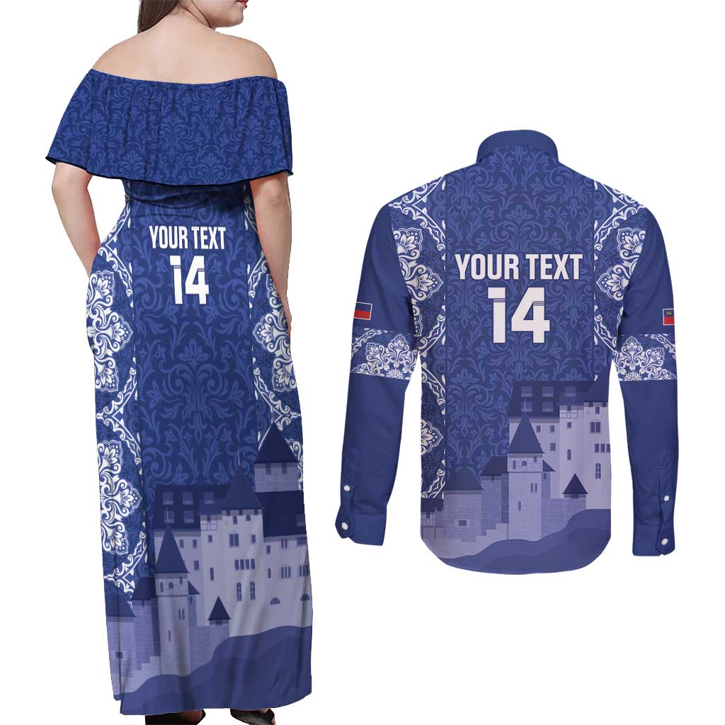 Custom Liechtenstein Football Couples Matching Off Shoulder Maxi Dress and Long Sleeve Button Shirt Go Blue-Reds Gutenberg Castle