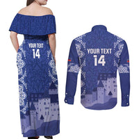 Custom Liechtenstein Football Couples Matching Off Shoulder Maxi Dress and Long Sleeve Button Shirt Go Blue-Reds Gutenberg Castle
