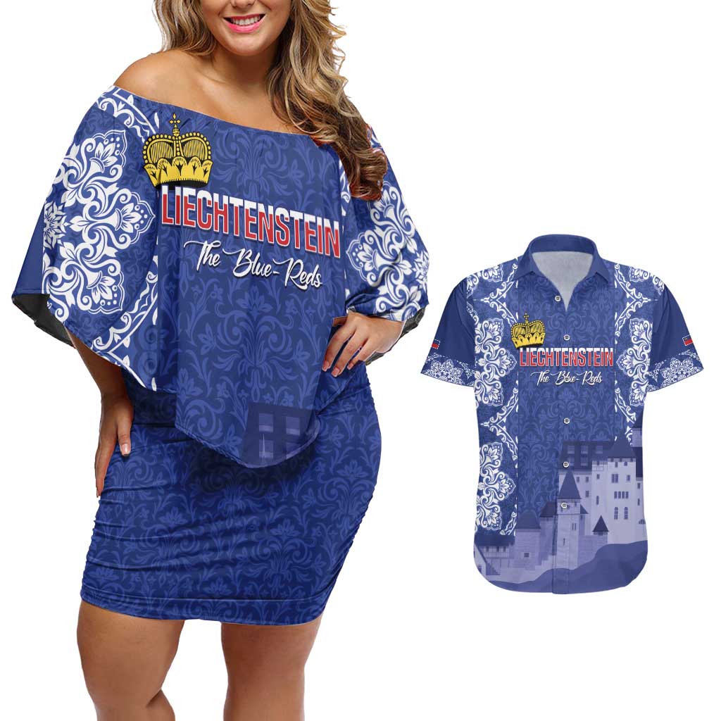 Custom Liechtenstein Football Couples Matching Off Shoulder Short Dress and Hawaiian Shirt Go Blue-Reds Gutenberg Castle