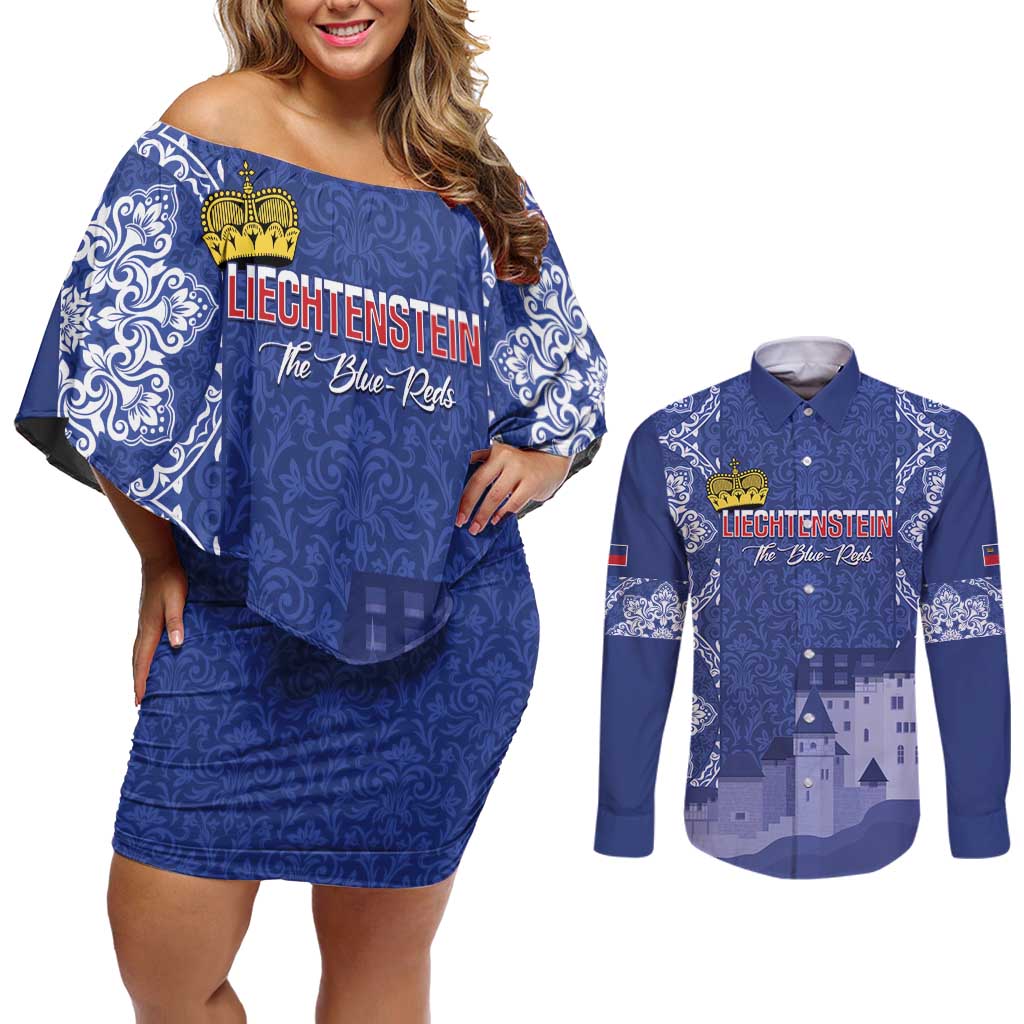 Custom Liechtenstein Football Couples Matching Off Shoulder Short Dress and Long Sleeve Button Shirt Go Blue-Reds Gutenberg Castle