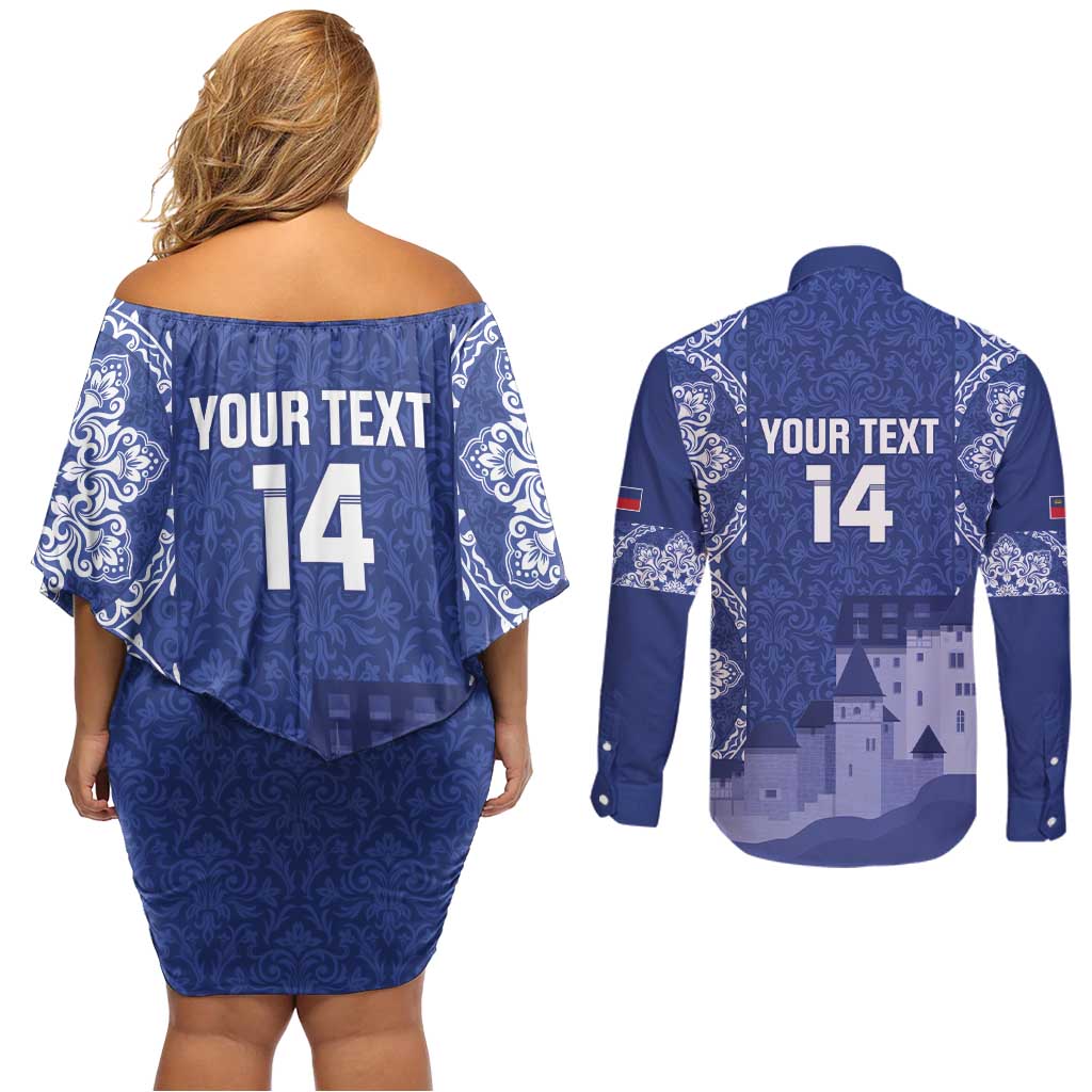 Custom Liechtenstein Football Couples Matching Off Shoulder Short Dress and Long Sleeve Button Shirt Go Blue-Reds Gutenberg Castle