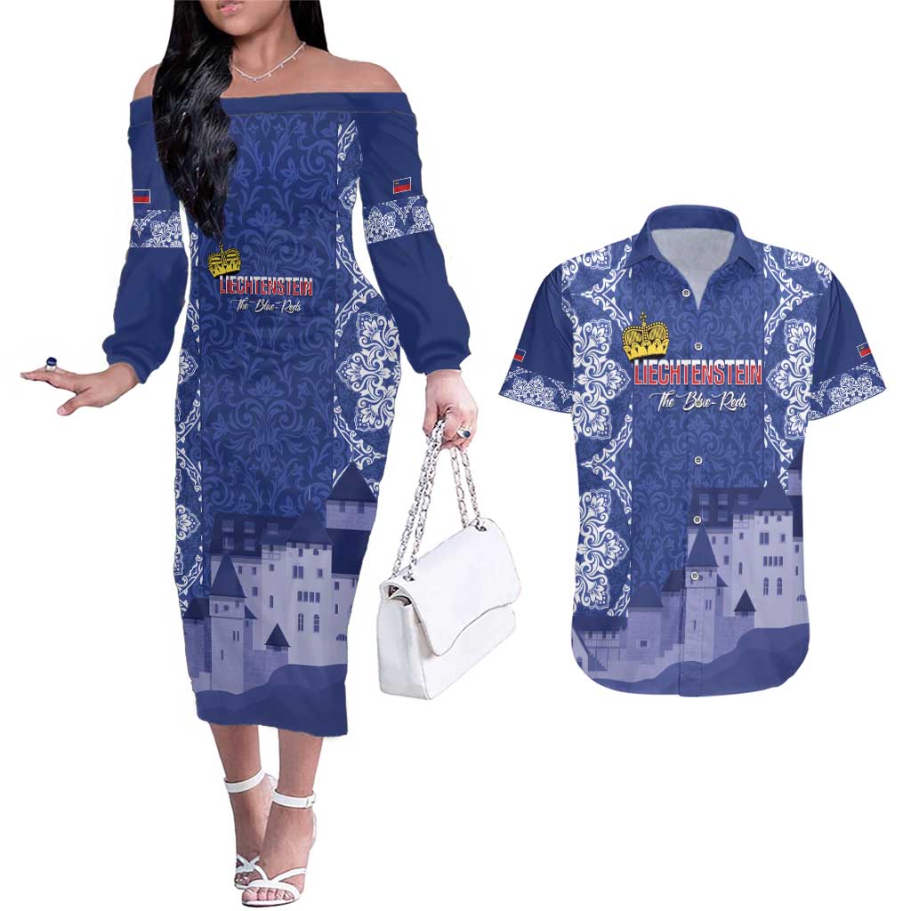 Custom Liechtenstein Football Couples Matching Off The Shoulder Long Sleeve Dress and Hawaiian Shirt Go Blue-Reds Gutenberg Castle