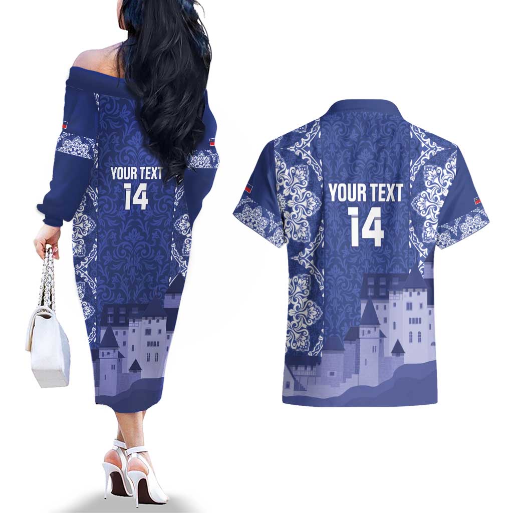 Custom Liechtenstein Football Couples Matching Off The Shoulder Long Sleeve Dress and Hawaiian Shirt Go Blue-Reds Gutenberg Castle