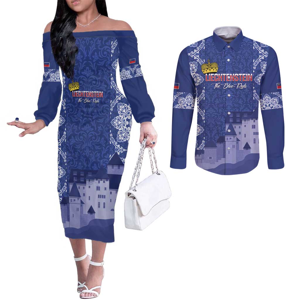 Custom Liechtenstein Football Couples Matching Off The Shoulder Long Sleeve Dress and Long Sleeve Button Shirt Go Blue-Reds Gutenberg Castle