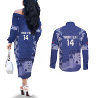 Custom Liechtenstein Football Couples Matching Off The Shoulder Long Sleeve Dress and Long Sleeve Button Shirt Go Blue-Reds Gutenberg Castle