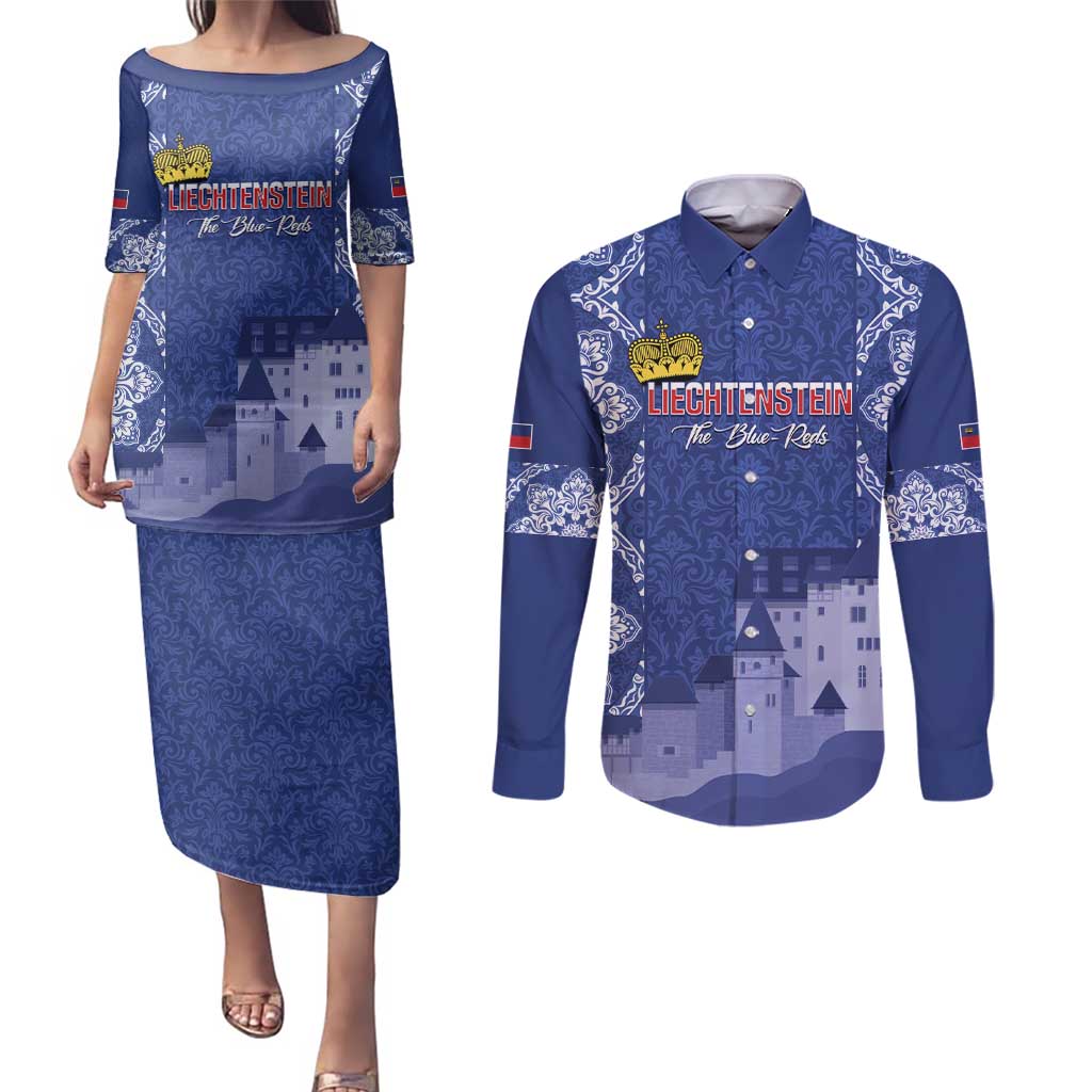 Custom Liechtenstein Football Couples Matching Puletasi and Long Sleeve Button Shirt Go Blue-Reds Gutenberg Castle