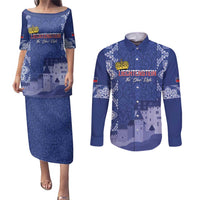 Custom Liechtenstein Football Couples Matching Puletasi and Long Sleeve Button Shirt Go Blue-Reds Gutenberg Castle