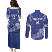 Custom Liechtenstein Football Couples Matching Puletasi and Long Sleeve Button Shirt Go Blue-Reds Gutenberg Castle