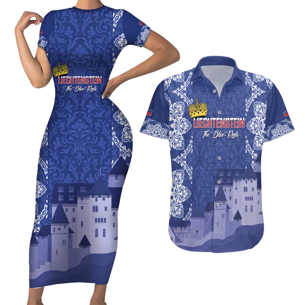Custom Liechtenstein Football Couples Matching Short Sleeve Bodycon Dress and Hawaiian Shirt Go Blue-Reds Gutenberg Castle