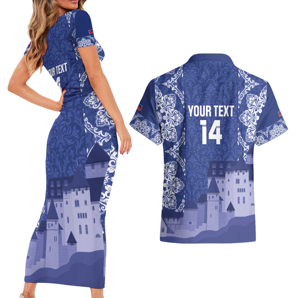 Custom Liechtenstein Football Couples Matching Short Sleeve Bodycon Dress and Hawaiian Shirt Go Blue-Reds Gutenberg Castle