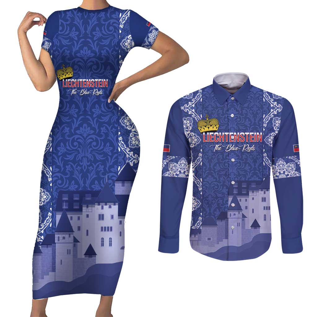 Custom Liechtenstein Football Couples Matching Short Sleeve Bodycon Dress and Long Sleeve Button Shirt Go Blue-Reds Gutenberg Castle