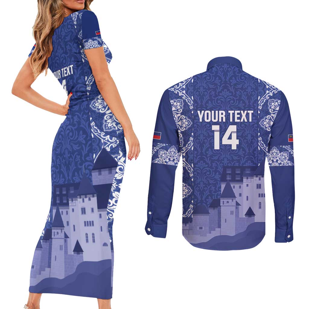 Custom Liechtenstein Football Couples Matching Short Sleeve Bodycon Dress and Long Sleeve Button Shirt Go Blue-Reds Gutenberg Castle