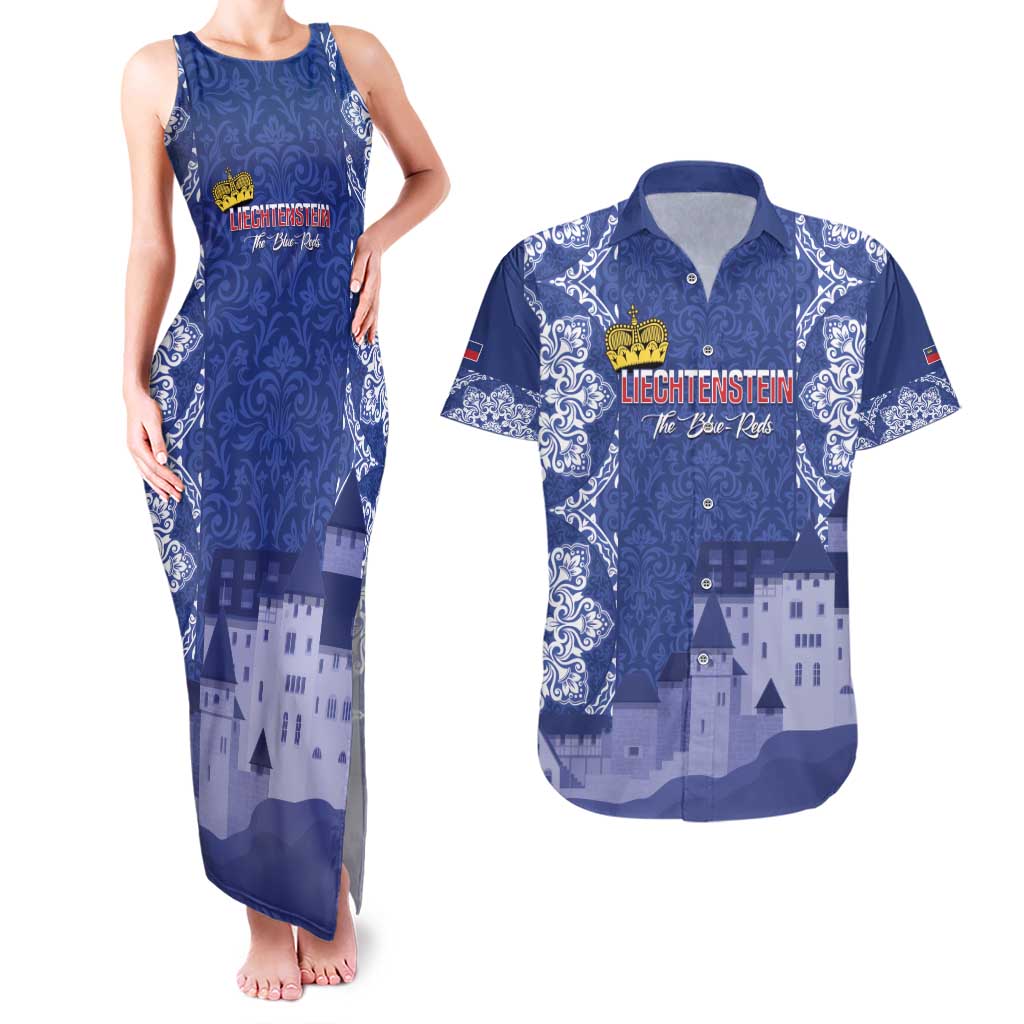 Custom Liechtenstein Football Couples Matching Tank Maxi Dress and Hawaiian Shirt Go Blue-Reds Gutenberg Castle