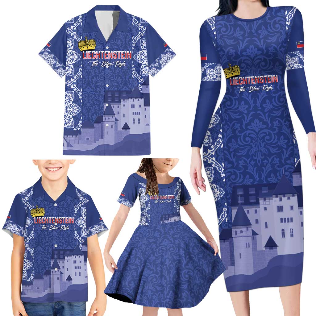Custom Liechtenstein Football Family Matching Long Sleeve Bodycon Dress and Hawaiian Shirt Go Blue-Reds Gutenberg Castle