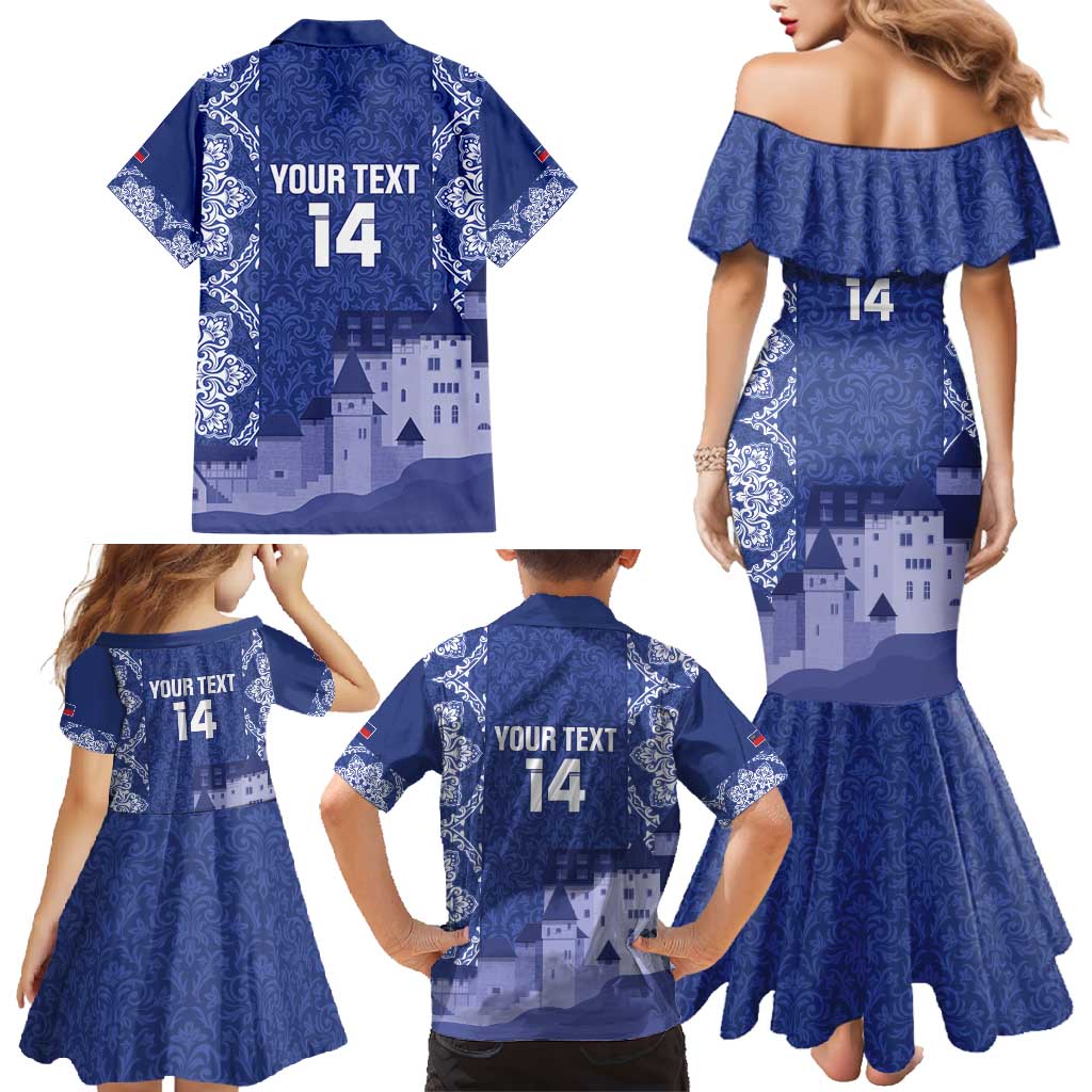 Custom Liechtenstein Football Family Matching Mermaid Dress and Hawaiian Shirt Go Blue-Reds Gutenberg Castle