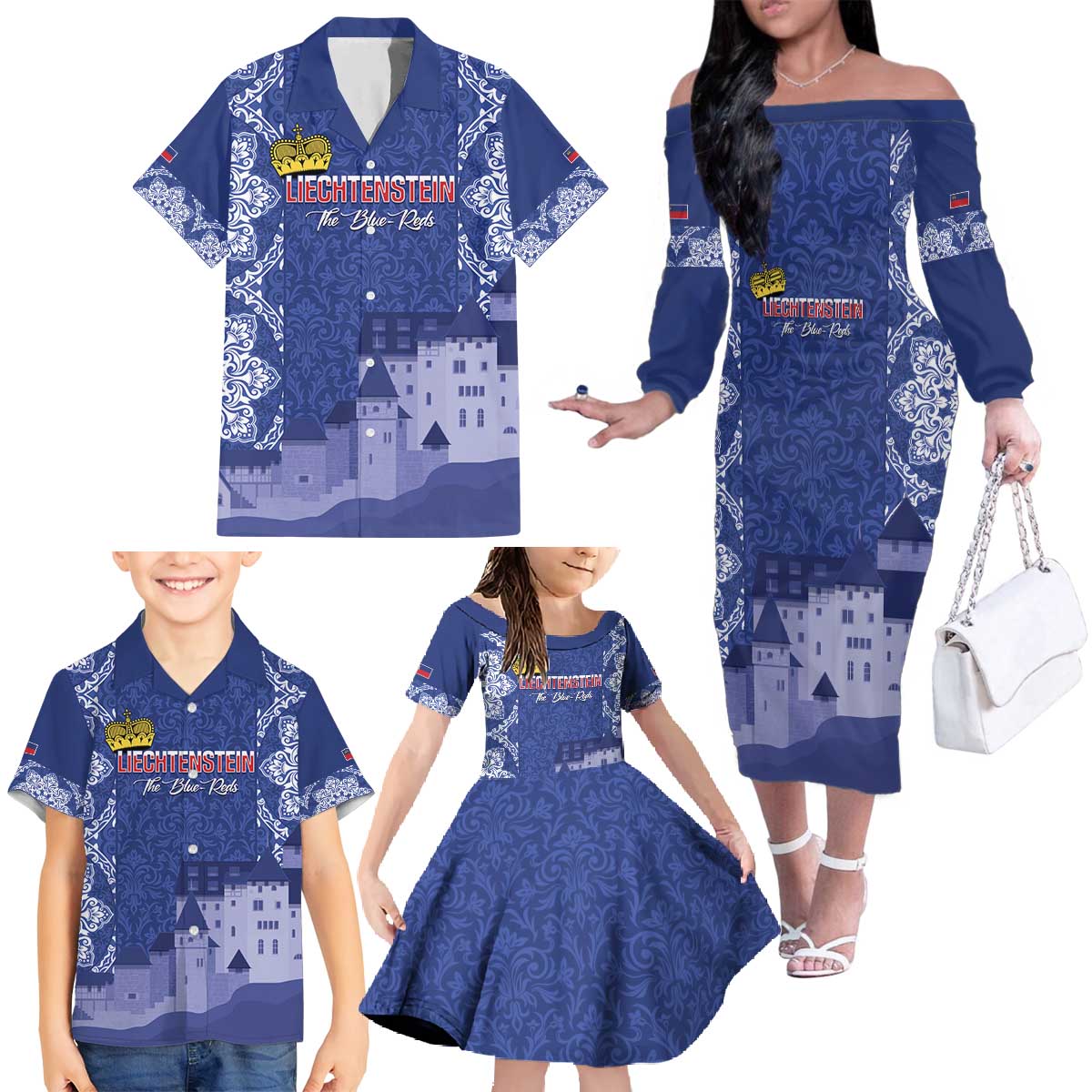 Custom Liechtenstein Football Family Matching Off The Shoulder Long Sleeve Dress and Hawaiian Shirt Go Blue-Reds Gutenberg Castle