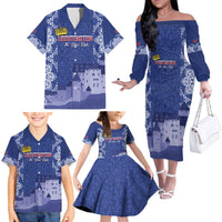 Custom Liechtenstein Football Family Matching Off The Shoulder Long Sleeve Dress and Hawaiian Shirt Go Blue-Reds Gutenberg Castle