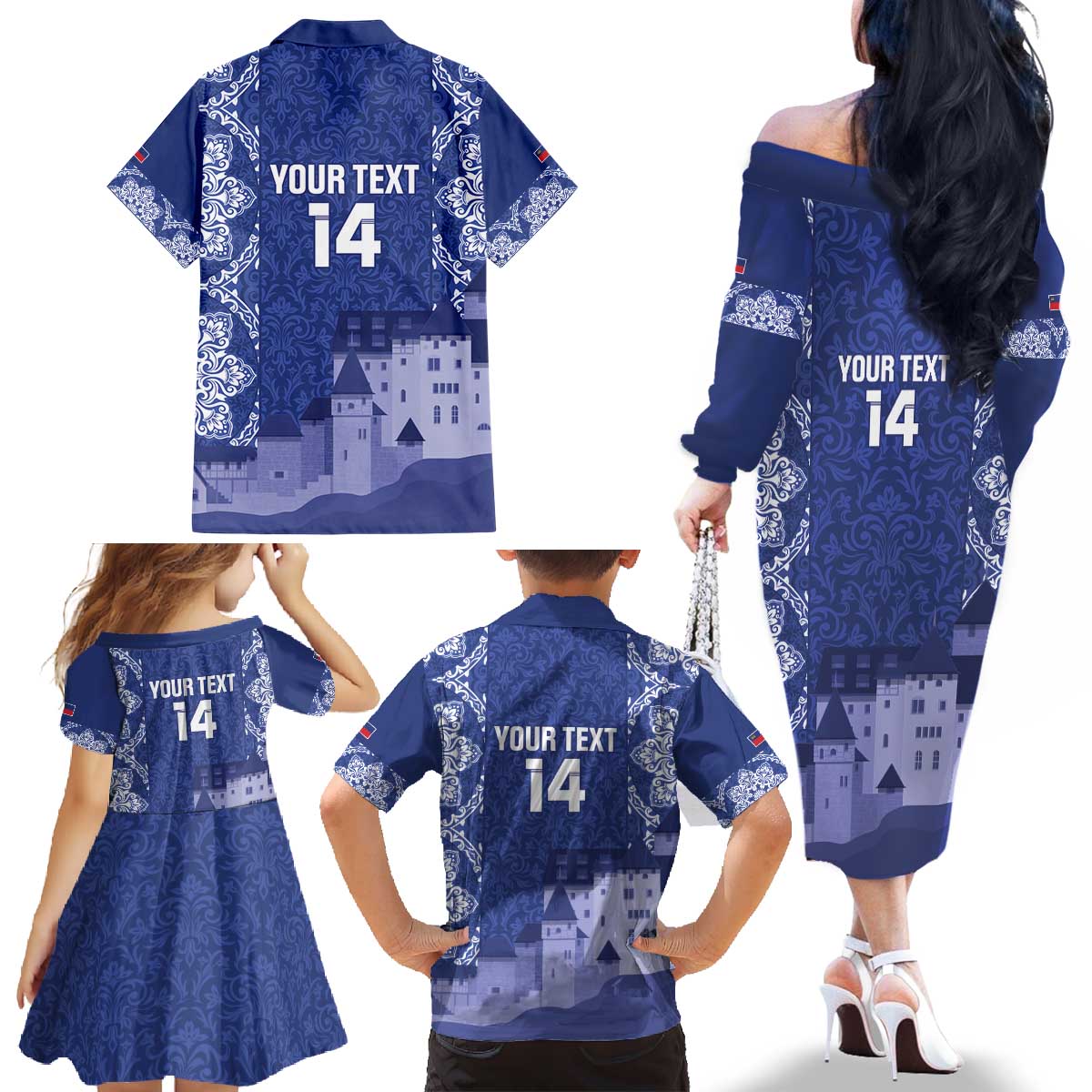 Custom Liechtenstein Football Family Matching Off The Shoulder Long Sleeve Dress and Hawaiian Shirt Go Blue-Reds Gutenberg Castle