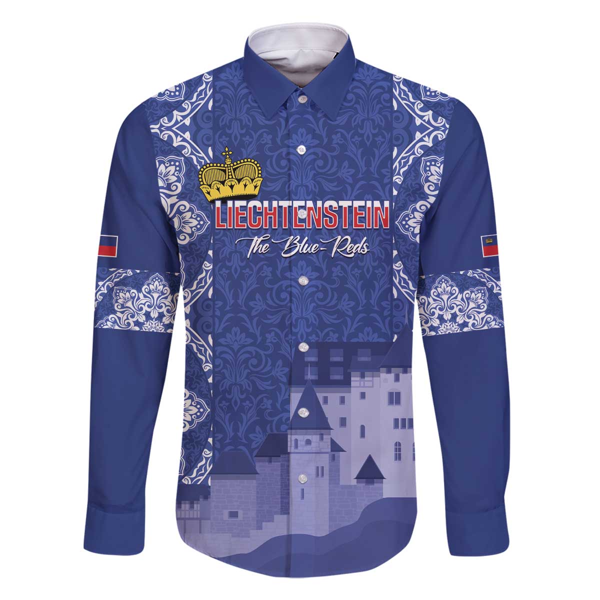 Custom Liechtenstein Football Family Matching Off The Shoulder Long Sleeve Dress and Hawaiian Shirt Go Blue-Reds Gutenberg Castle