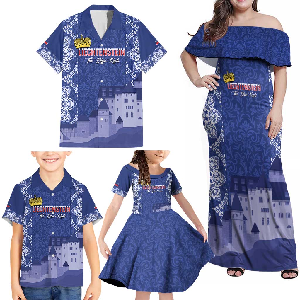 Custom Liechtenstein Football Family Matching Off Shoulder Maxi Dress and Hawaiian Shirt Go Blue-Reds Gutenberg Castle