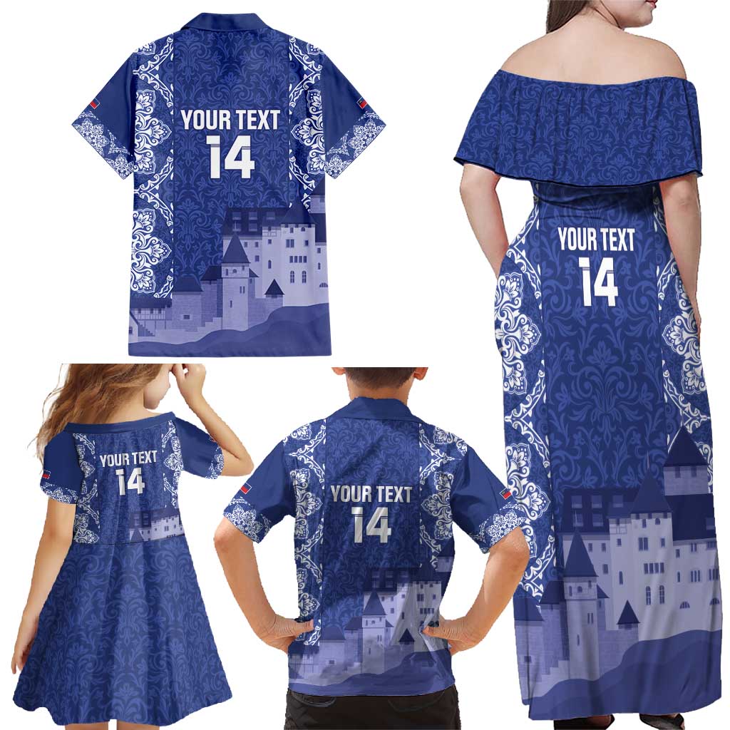 Custom Liechtenstein Football Family Matching Off Shoulder Maxi Dress and Hawaiian Shirt Go Blue-Reds Gutenberg Castle