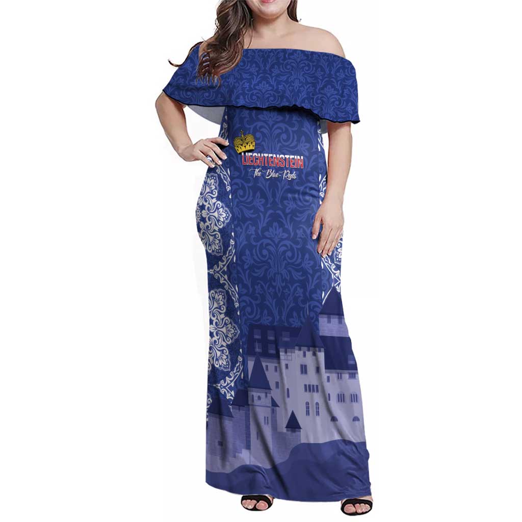 Custom Liechtenstein Football Family Matching Off Shoulder Maxi Dress and Hawaiian Shirt Go Blue-Reds Gutenberg Castle