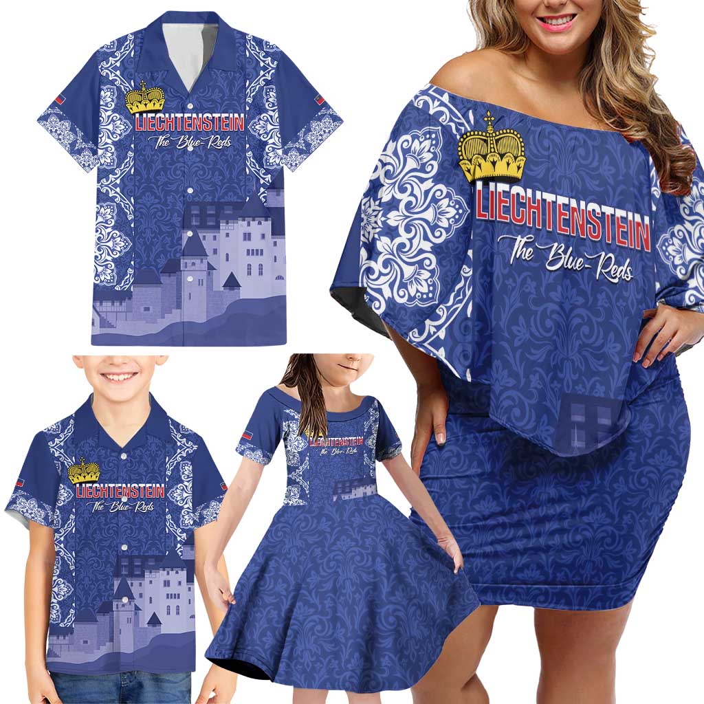 Custom Liechtenstein Football Family Matching Off Shoulder Short Dress and Hawaiian Shirt Go Blue-Reds Gutenberg Castle