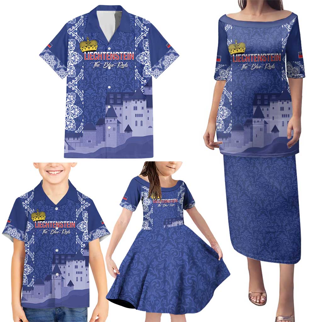 Custom Liechtenstein Football Family Matching Puletasi and Hawaiian Shirt Go Blue-Reds Gutenberg Castle