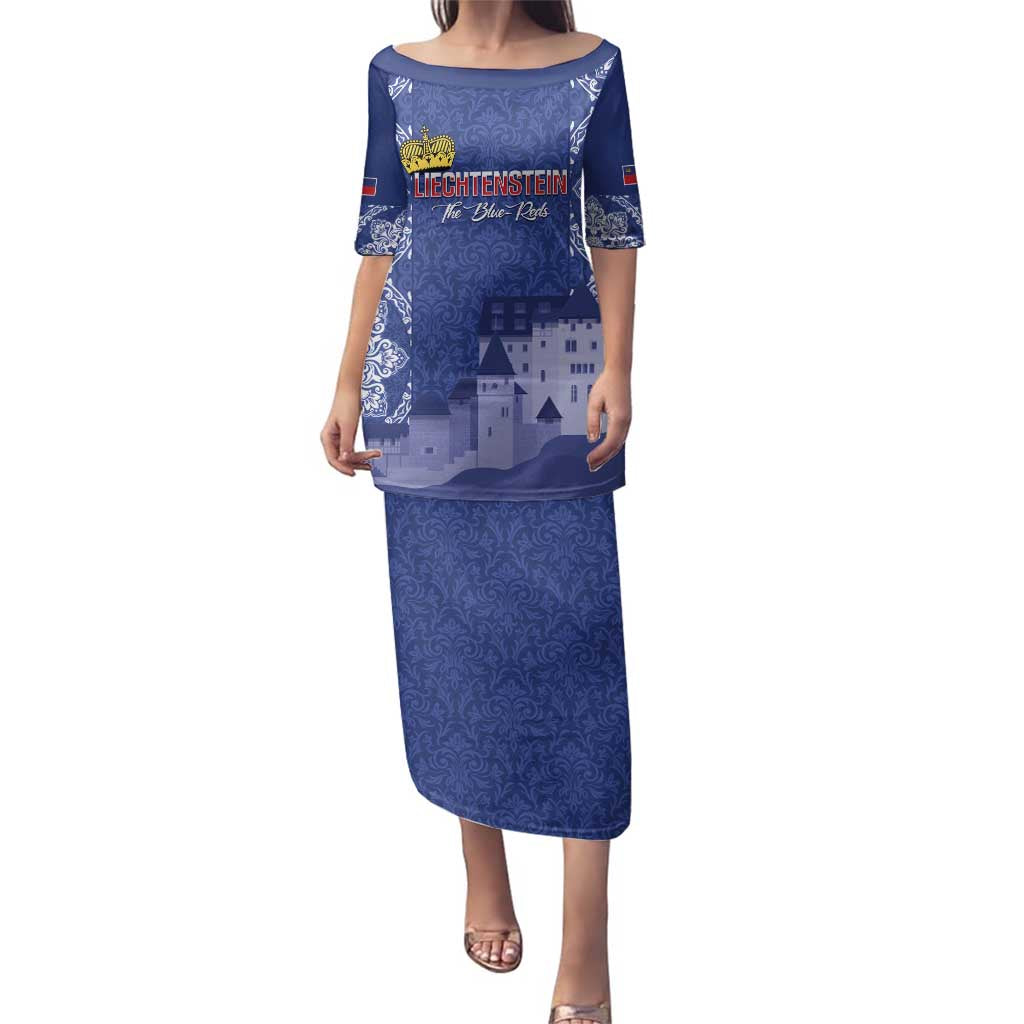Custom Liechtenstein Football Family Matching Puletasi and Hawaiian Shirt Go Blue-Reds Gutenberg Castle
