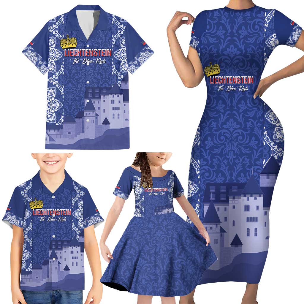 Custom Liechtenstein Football Family Matching Short Sleeve Bodycon Dress and Hawaiian Shirt Go Blue-Reds Gutenberg Castle