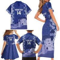 Custom Liechtenstein Football Family Matching Short Sleeve Bodycon Dress and Hawaiian Shirt Go Blue-Reds Gutenberg Castle