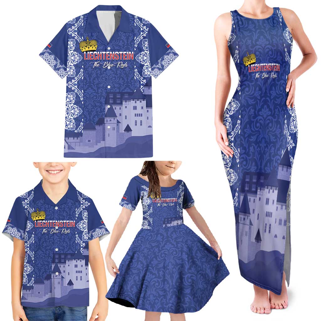 Custom Liechtenstein Football Family Matching Tank Maxi Dress and Hawaiian Shirt Go Blue-Reds Gutenberg Castle
